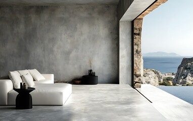 Modern minimalist living room with ocean view, concrete walls, white sofa, and black side tables.