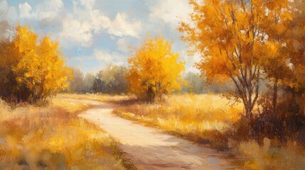 Obraz premium Autumn Landscape with Vibrant Golden Hues Along a Winding Path Amidst Colorful Foliage and Scenic Natural Beauty