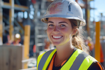 Smiling young woman in hard hat and safety vest at construction site
