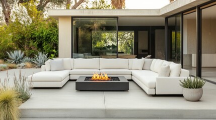 Naklejka premium Modern sectional sofa with fire pit on patio.