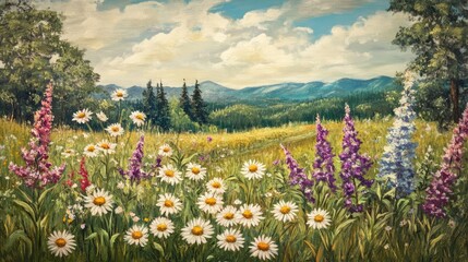 Vibrant wildflower meadow featuring meadow clary and ox eye daisies against a picturesque mountain backdrop under a bright sky.