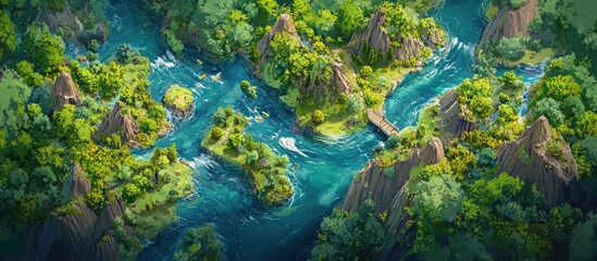 Aerial view of winding rivers flowing through lush green landscapes with rocky formations and vibrant vegetation