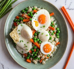 A plate of rice with vegetables and fried eggs, showcasing a colorful and nutritious meal.