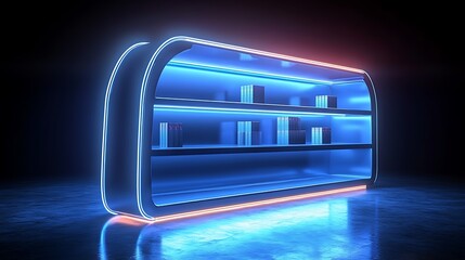 Futuristic glowing shelf with products.