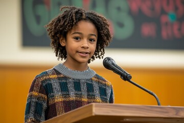 A student practicing a holiday speech for the school assembly. They are standing at a podium, Generative AI