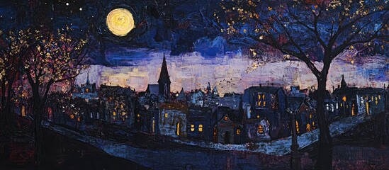 Obraz premium Nighttime cityscape under a full moon with glowing buildings and silhouetted trees creating a serene nocturnal atmosphere.
