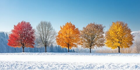 Discover the seasonal diversity showcased in captivating shapes of nature, featuring imposing trees that reveal their stunning seasonal splendor throughout the year.