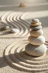 Fototapeta na wymiar Stacked smooth stones create a serene zen garden atmosphere with flowing sand patterns