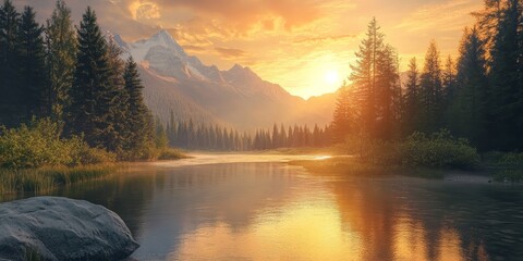 Fototapeta premium Sunlight reflecting on a mountain river creates a stunning visual display. The shimmering sun reflection on the mountain river enhances the natural beauty of the surrounding landscape.