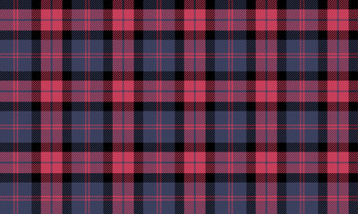 Plaid fabric pattern, blue, pink, black, distinctive lattice cross lines, seamless for textiles, and for designing everyday clothes, skirts, pants or decorative fabrics. Vector illustration.