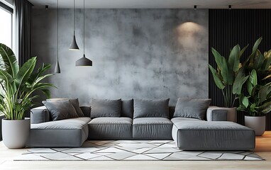 Modern living room with gray sectional sofa, large potted plants, geometric rug, and textured wall.