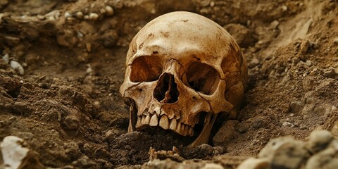 Archaeological excavations reveal human remains including bones and skulls in a tomb. This exciting digger process showcases the intricate details of archaeological excavations outdoors.