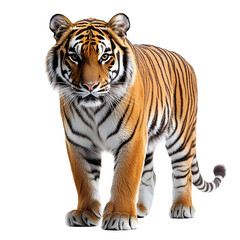 Angled view full body shot of an extremely perfect looking single Bengal Tiger animal isolated on a white transparent background