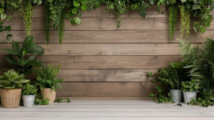 Fototapeta premium Rustic wooden panels combined with lush green vines, perfect for eco-friendly branding visuals imagine product photography