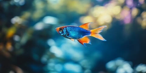 Obraz premium Little fish, colored in blue and orange, are gliding gracefully through the water. These small, vibrant fish are swimming in the aquatic environment with ease.