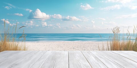 A vacant white wooden table set against a summer beach wallpaper backdrop, perfect for showcasing products. This summer beach background enhances product displays effectively.