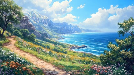 Fototapeta premium Scenic coastal pathway through a vibrant valley with mountains and a tranquil seascape under a bright blue sky and fluffy clouds