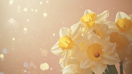 Fototapeta premium Yellow daffodils bouquet on soft focus buttercup gradient background