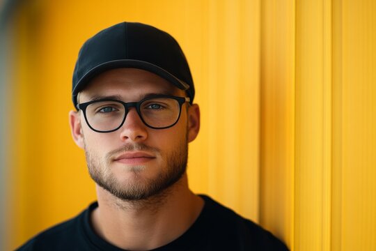 Young man wearing glasses and a cap poses against a bright yellow wall in an urban setting