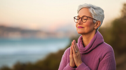 Calm woman with short gray hair meditating outdoors by sea, wearing cozy sweater, expressing tranquility and mindfulness.