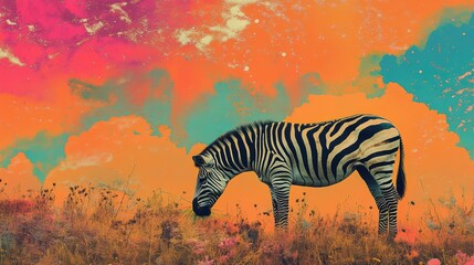 Fototapeta premium Zebra grazing on vibrant colorful field surrounded by artistic hues showcasing nature and wildlife in a surreal landscape