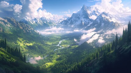 Majestic mountain landscape with lush forests and serene clouds over a vibrant valley under a clear blue sky