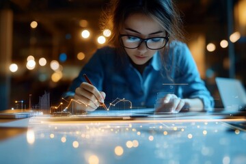 Young woman analyzes data and trends with digital interface in a modern workspace at night