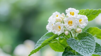 Close-up of delicate white flowers with yellow centers, clustered on a green leafy stem.