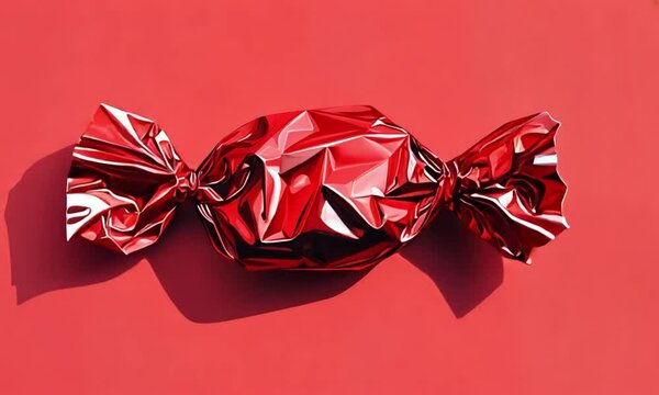 A single, red candy in glossy, crumpled wrapper on a red background.