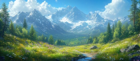 Majestic mountain landscape with vibrant greenery and blue skies in a picturesque natural setting