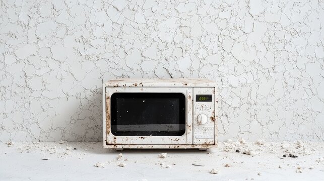 Dirty old microwave oven against a textured wall.