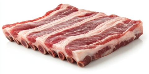 Fototapeta premium Raw pork belly presented in isolation on a white background, showcasing the enticing texture and color of raw pork belly ideal for culinary purposes and presentations focused on raw pork belly.