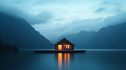 Fototapeta premium serene lakeside cabin at dusk, surrounded by mountains and mist. warm glow from windows reflects on calm water, creating peaceful atmosphere.