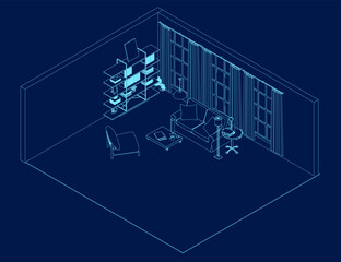 A set of furniture and decor contour to create a living room interior with a workplace. Isometric view. 3D