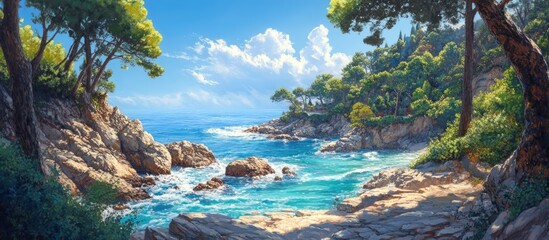 Serene coastal landscape with rocky shoreline vibrant blue waters clear sky and lush greenery on a sunny summer day