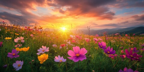 Fototapeta premium Scenic flower field landscape features cosmos blooms at sunset, showcasing the beauty of cosmos flowers in a vibrant and picturesque setting. Experience the scenic charm of the cosmos flower field.