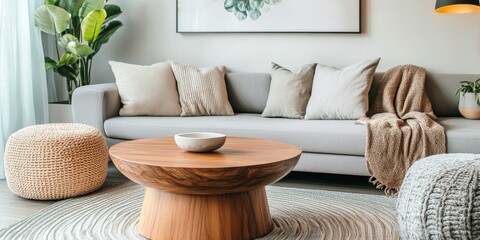 Round wooden coffee table featured in a cozy setting with a Scandinavian corner sofa adorned with pillows, creating a perfect space for relaxation and socializing with friends.