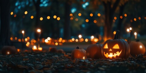 A collection of candle lit Halloween pumpkins creates a festive atmosphere in a park during a cozy fall evening, showcasing the charm of Halloween pumpkins in seasonal ambiance.