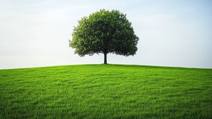Fototapeta premium Majestic big tree standing proudly on a vibrant green grass field, creating a stunning natural landscape filled with life and beauty, perfect for showcasing the essence of nature s grandeur.