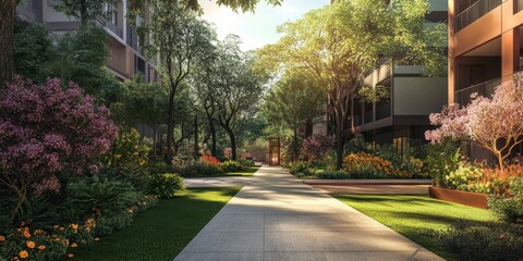 Naklejka premium Modern green apartment offering a view of a peaceful, tree lined street, creating a calm and tranquil atmosphere in an urban setting.