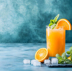 Orange juicy refreshment glass concept. Refreshing orange juice cocktail with ice, garnished with...