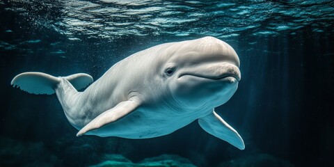 Naklejka premium Stunning image of a white beluga whale, capturing the unique features and beauty of this marine creature. Explore the elegance of the white beluga whale in this high quality photo.