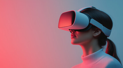 woman wearing virtual reality headset, immersed in digital world, with soft gradient background. scene conveys sense of wonder and exploration.