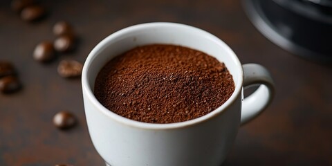 Fototapeta premium Rich black coffee in a cup, showcasing freshly ground beans. This black coffee captures the essence of robust flavor and aroma, making it a perfect choice for coffee enthusiasts.