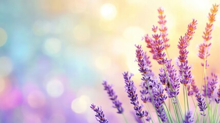 Naklejka premium Lavender flowers stand tall in soft sunlight, showcasing vibrant colors against a dreamy bokeh backdrop