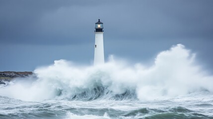 Waves surge violently against the sturdy lighthouse on the islet, showcasing nature's raw power during a fierce stormy weather