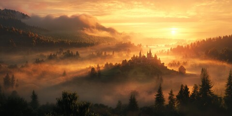 Fototapeta premium Mist blankets the valley as the sunrise illuminates the scene, creating a magical atmosphere where the sunrise meets the fog, enhancing the beauty of the valley.