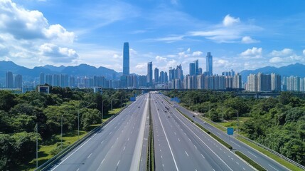 Fototapeta premium Urban Highway Landscape: City Skyline and Green Belt
