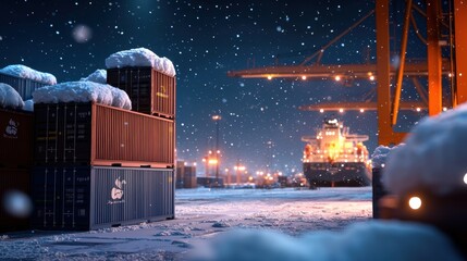 A serene winter scene featuring snow-covered shipping containers and cranes illuminated by distant lights at a port.