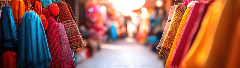Fototapeta premium A vibrant marketplace scene showcasing colorful fabrics hanging on display, leading to a bright, softly blurred background.